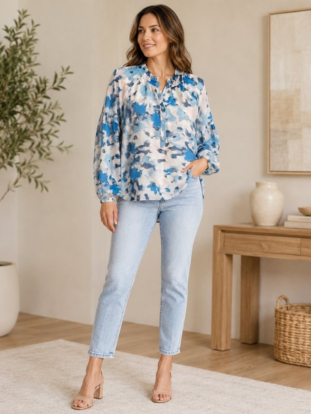 LOFT Blue Abstract Floral Long Sleeve Blouse Size M NWT